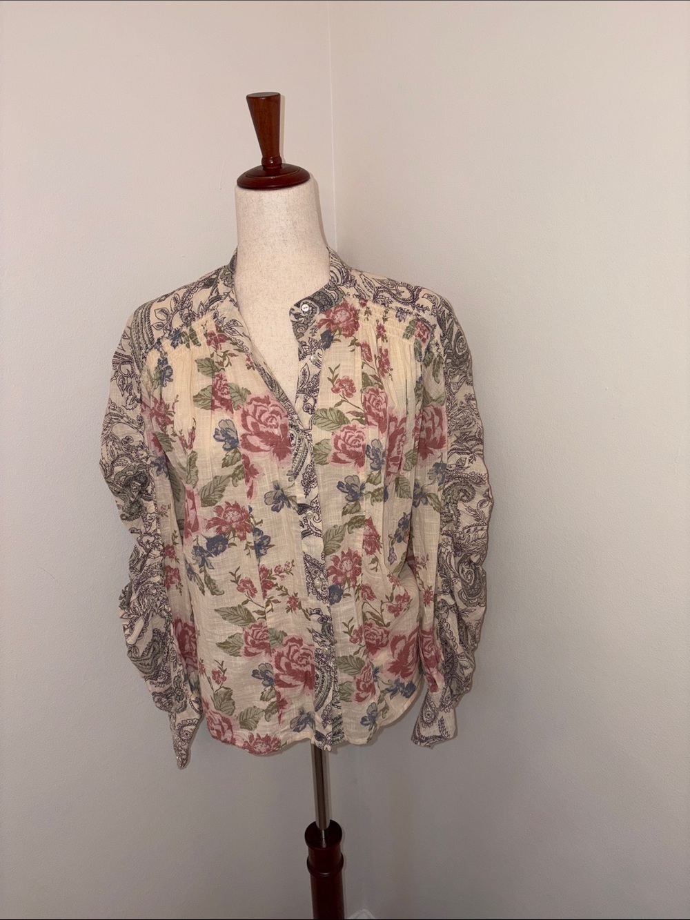 Free People Cream Floral Button-Down Shirt with Pink Roses